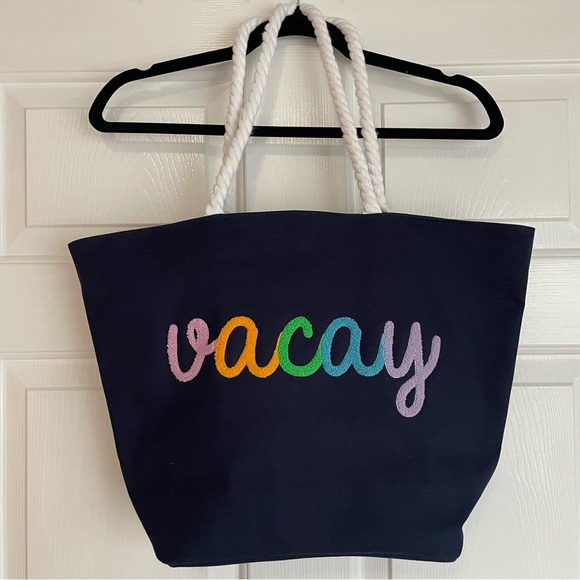 Mud Pie Handbags - Mud Pie Vacay Boucle Word Tote Navy